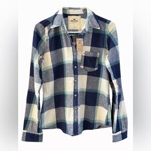 Hollister Navy and Cream Plaid Shirt